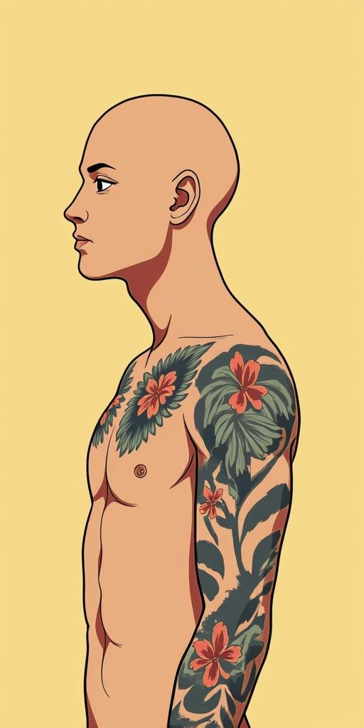 JericoGhibli, Studio Ghibli aesthetic, hand-drawn anime style, retro nostalgic atmosphere, retro soft pastel color palette with earthy tones, retro Japanese cinematic shot, yellow tint effect, bald character, smooth surface, anime shadow 90's anime style