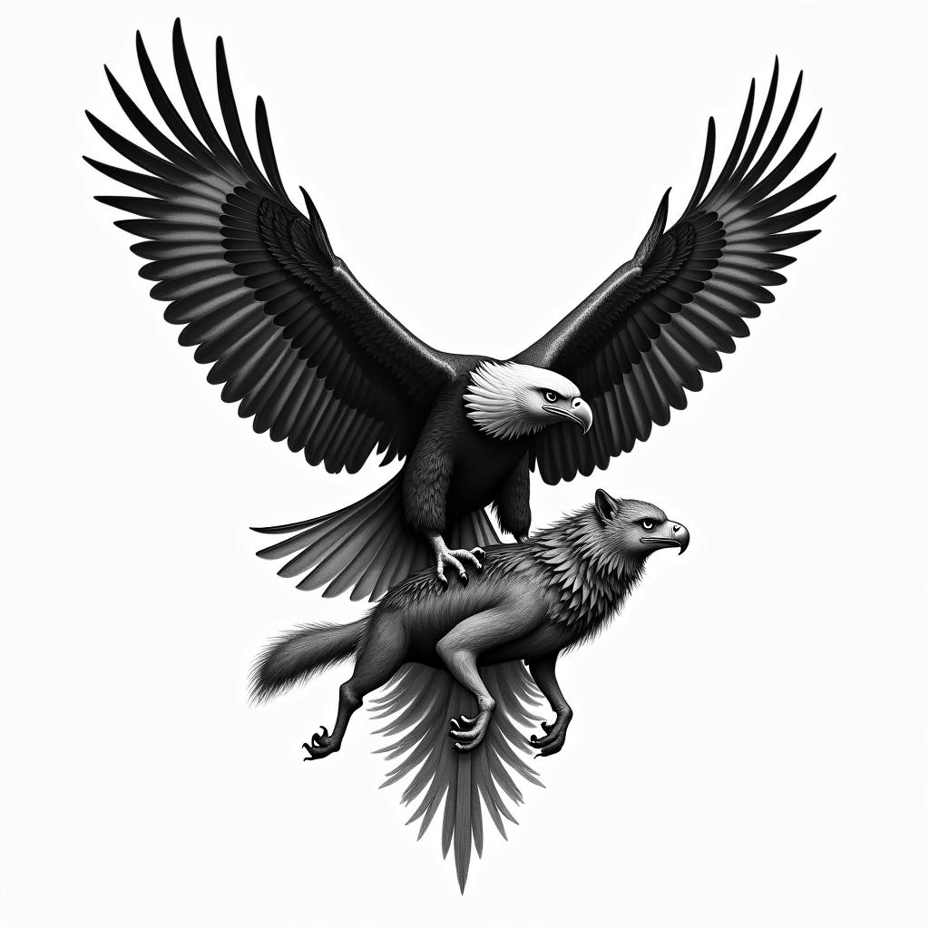A tattoo design featuring the silhouette of a fighter jet, an eagle representing the fiercest aerial predator, and a wolf symbolizing diligent teamwork. The eagle and wolf are depicted as allies, working together harmoniously, in a unified style. The tattoo should be black and white, emphasizing a powerful meaning of overcoming challenges through self-belief and collaboration, suitable as a first tattoo on the right shoulder.higly detailed tattoo - Variation 3