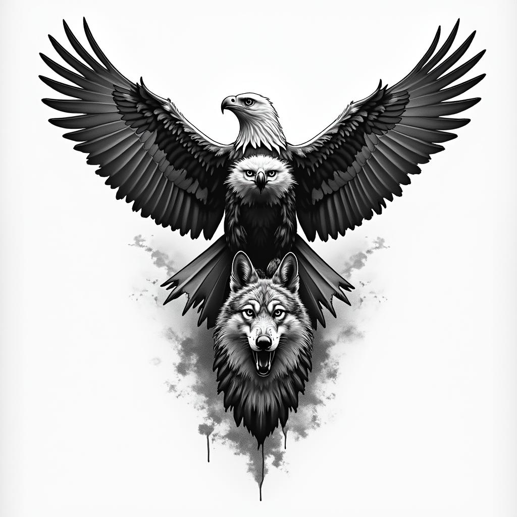 A tattoo design featuring the silhouette of a fighter jet, an eagle representing the fiercest aerial predator, and a wolf symbolizing diligent teamwork. The eagle and wolf are depicted as allies, working together harmoniously, in a unified style. The tattoo should be black and white, emphasizing a powerful meaning of overcoming challenges through self-belief and collaboration, suitable as a first tattoo on the right shoulder.higly detailed tattoo - Variation 4