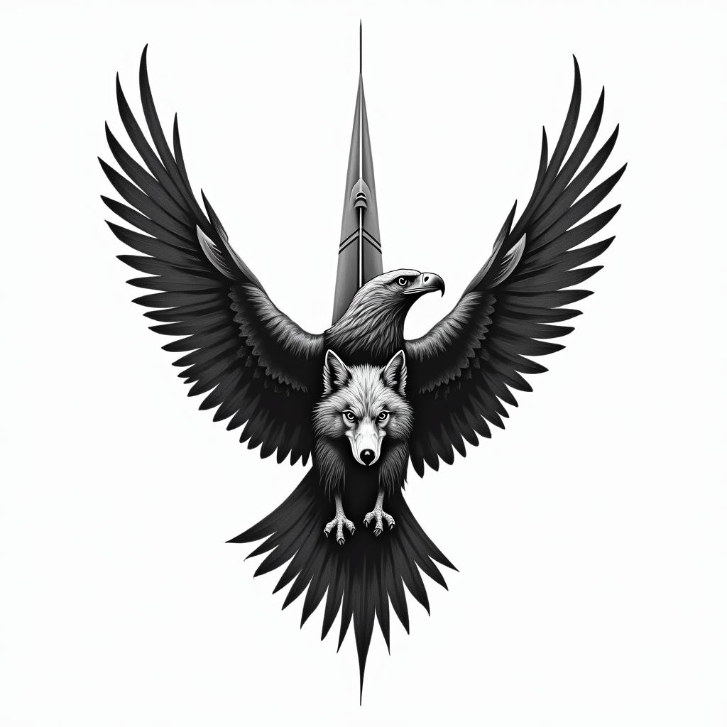 A tattoo design featuring the silhouette of a fighter jet, an eagle representing the fiercest aerial predator, and a wolf symbolizing diligent teamwork. The eagle and wolf are depicted as allies, working together harmoniously, in a unified style. The tattoo should be black and white, emphasizing a powerful meaning of overcoming challenges through self-belief and collaboration, suitable as a first tattoo on the right shoulder.higly detailed tattoo