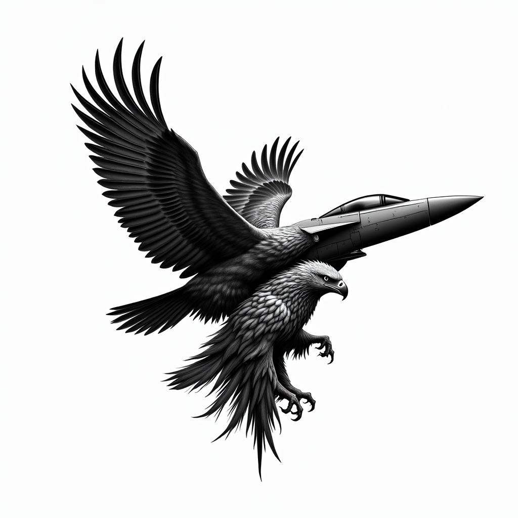 A tattoo design featuring the silhouette of a fighter jet, an eagle representing the fiercest aerial predator, and a wolf symbolizing diligent teamwork. The eagle and wolf are depicted as allies, working together harmoniously, in a unified style. The tattoo should be black and white, emphasizing a powerful meaning of overcoming challenges through self-belief and collaboration, suitable as a first tattoo on the right shoulder.higly detailed tattoo - Variation 2