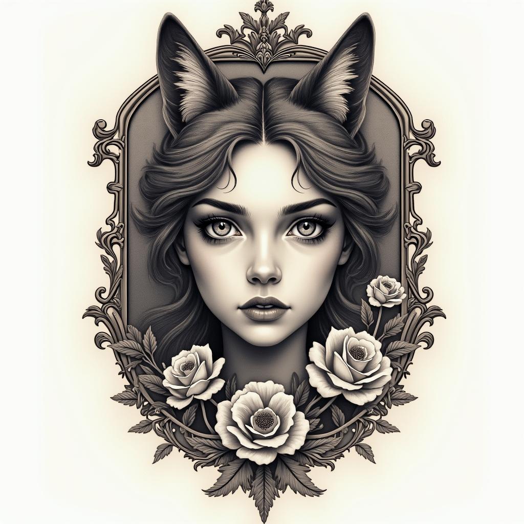 I want tatto with half face girl and wolf and one flower and anger and narcist boy standing therein victorian style tattoo, featuring vintage and elegant elements, ornate frames, roses, antique, sepia-toned color scheme - Variation 2