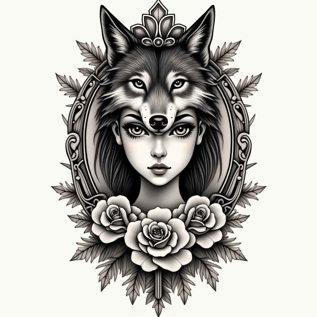 I want tatto with half face girl and wolf and one flower and anger and narcist boy standing therein victorian style tattoo, featuring vintage and elegant elements, ornate frames, roses, antique, sepia-toned color scheme