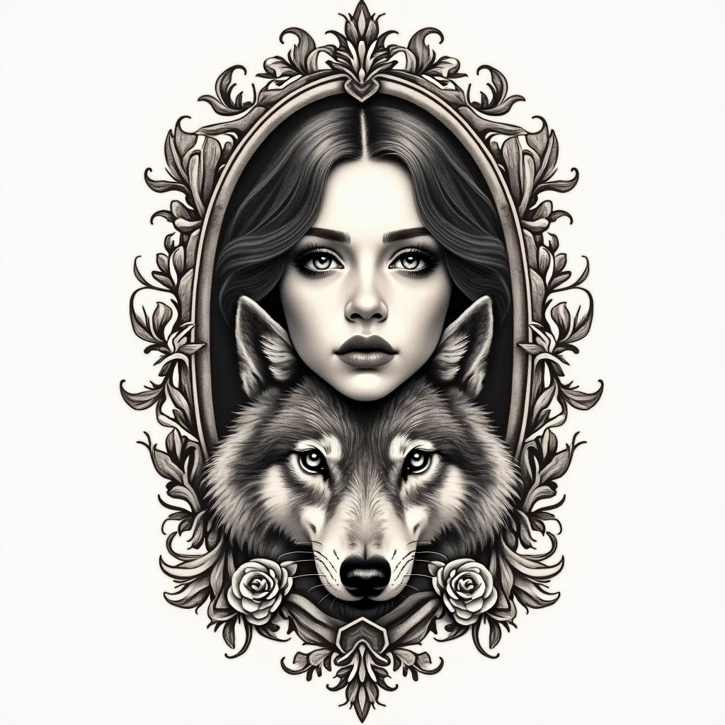 I want tatto with half face girl and wolf and one flower and anger and narcist boy standing therein victorian style tattoo, featuring vintage and elegant elements, ornate frames, roses, antique, sepia-toned color scheme - Variation 4