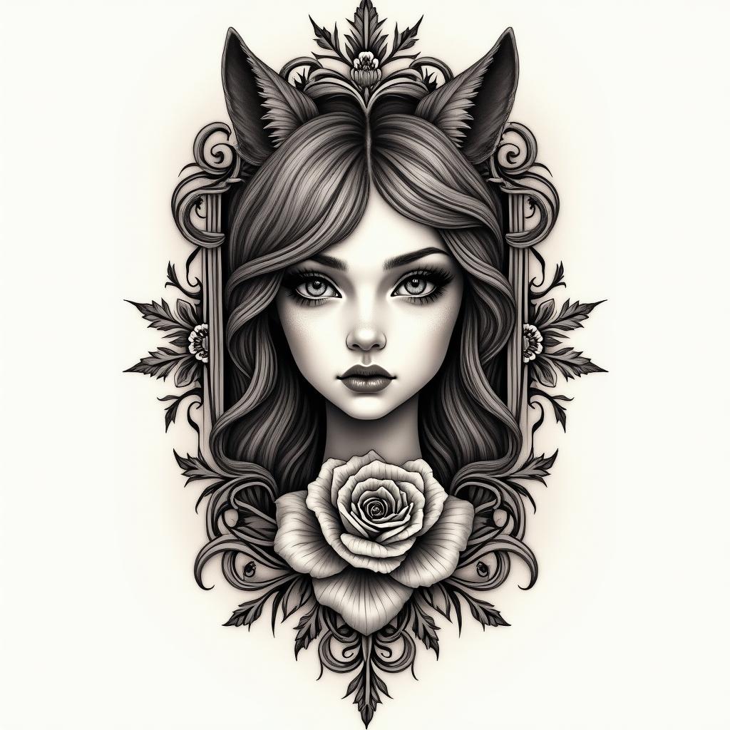 I want tatto with half face girl and wolf and one flower and anger and narcist boy standing therein victorian style tattoo, featuring vintage and elegant elements, ornate frames, roses, antique, sepia-toned color scheme - Variation 3