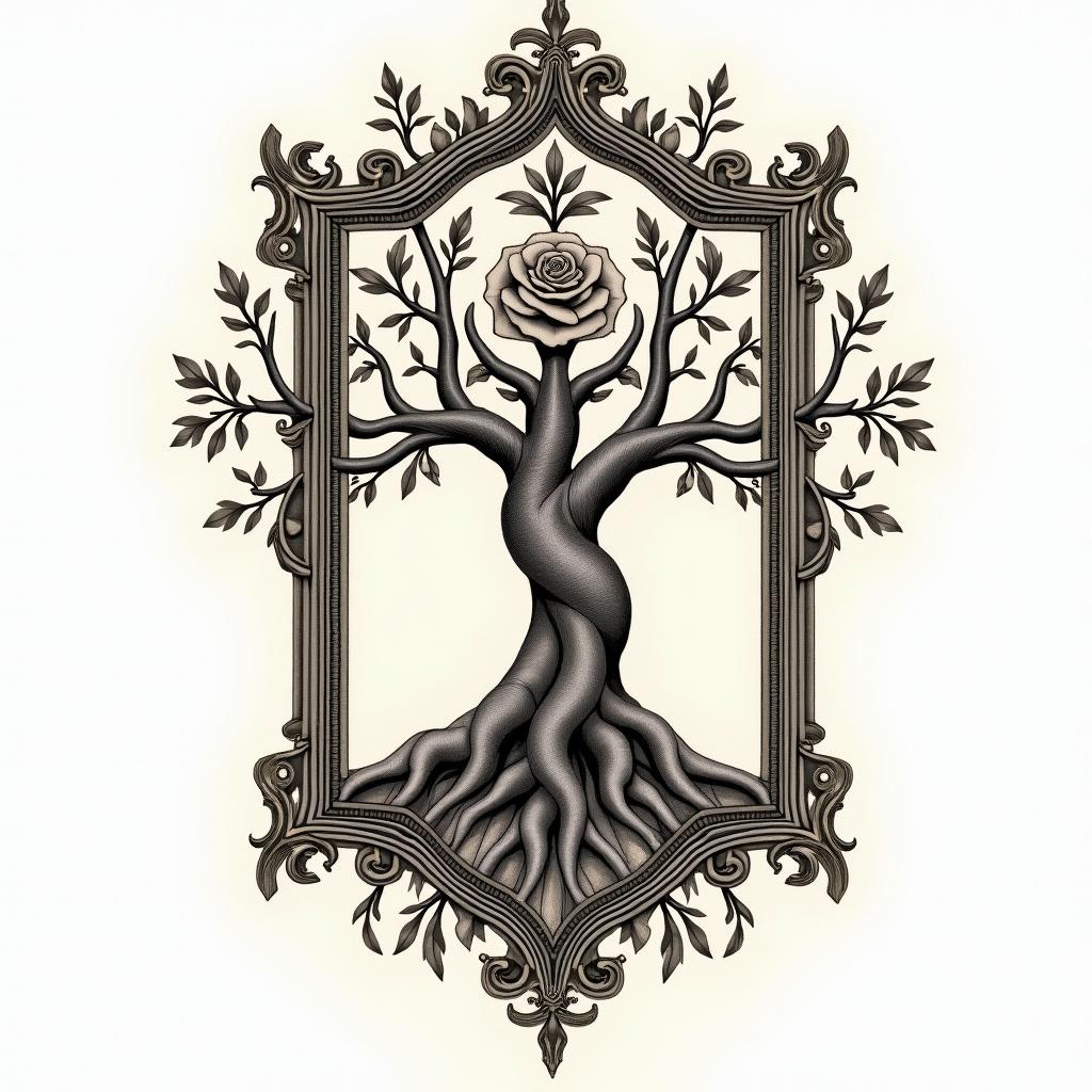 Tree of life with roots and branchesin victorian style tattoo, featuring vintage and elegant elements, ornate frames, roses, antique, sepia-toned color scheme - Variation 5