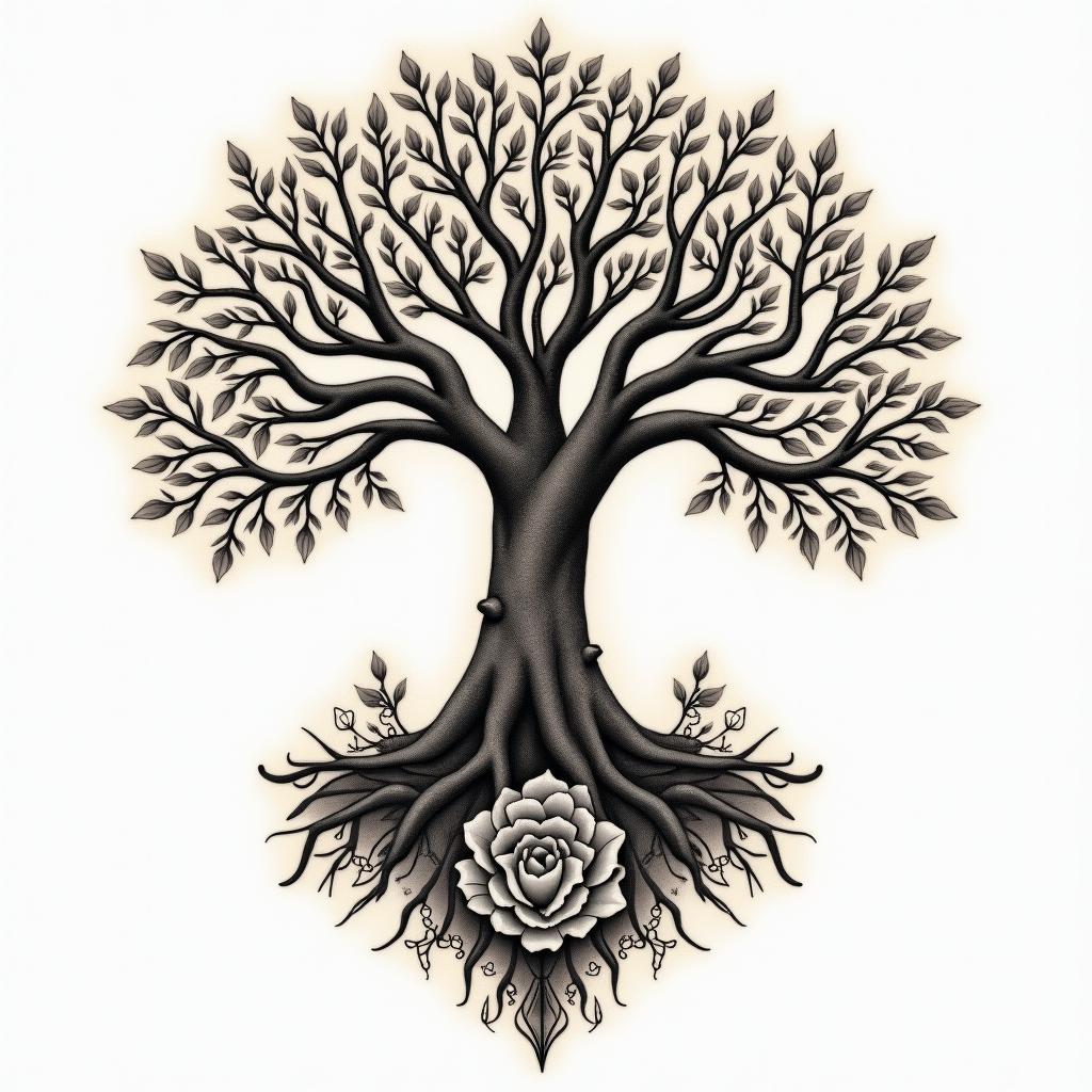 Tree of life with roots and branchesin victorian style tattoo, featuring vintage and elegant elements, ornate frames, roses, antique, sepia-toned color scheme - Variation 6