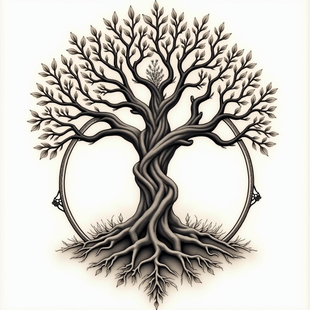 Tree of life with roots and branchesin victorian style tattoo, featuring vintage and elegant elements, ornate frames, roses, antique, sepia-toned color scheme - Variation 7