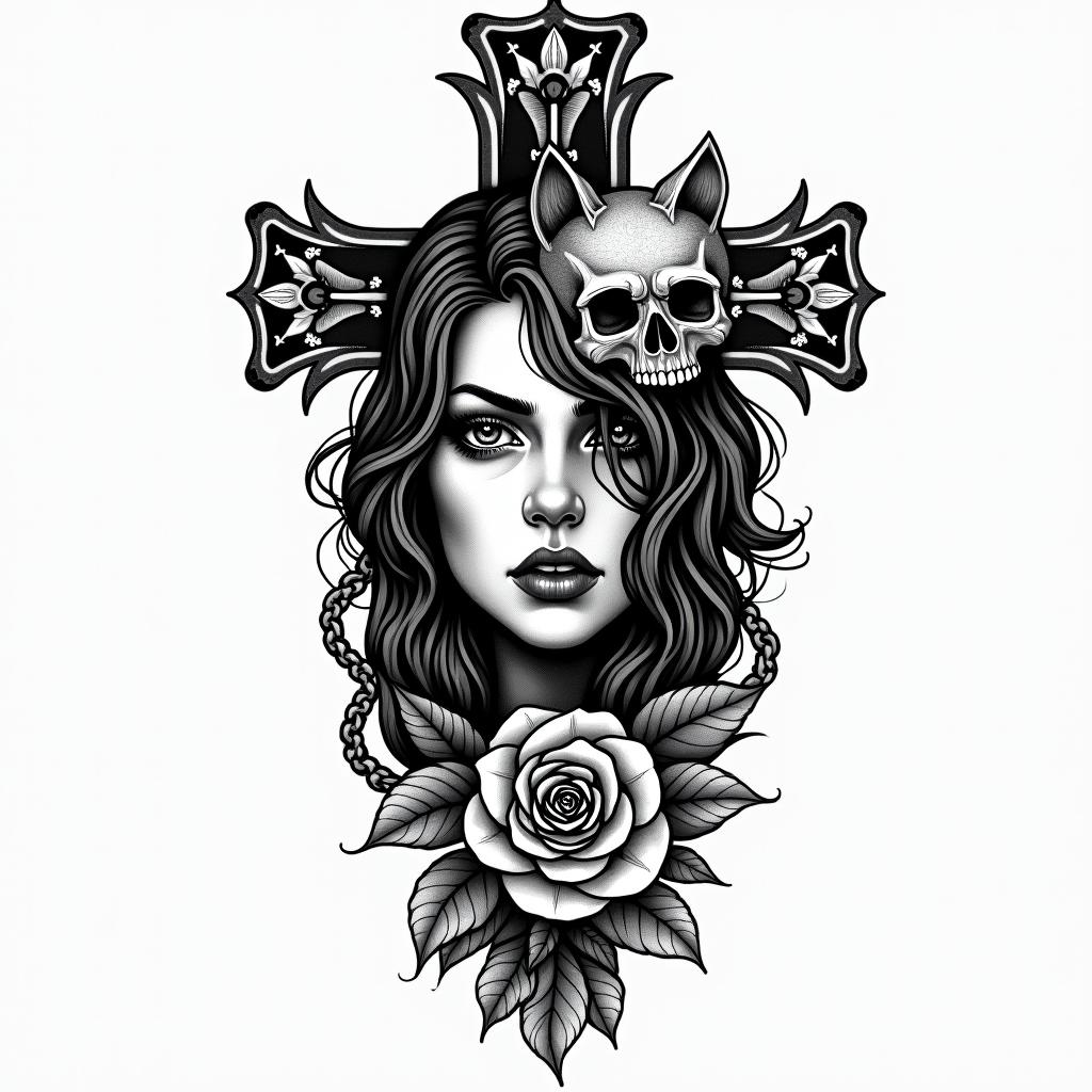 I want tatto with half face girl and wolf and one flower and anger and narcist boy standing therein chicano style tattoo, featuring intricate black and grey shading, bold elements of traditional chicano culture symbols, add a big cross with skull, chains and roses - Variation 4