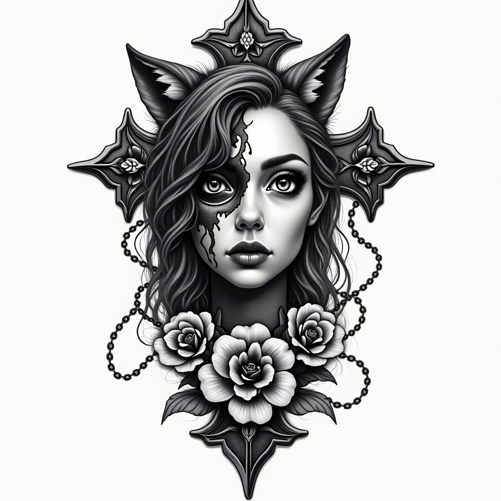 I want tatto with half face girl and wolf and one flower and anger and narcist boy standing therein chicano style tattoo, featuring intricate black and grey shading, bold elements of traditional chicano culture symbols, add a big cross with skull, chains and roses