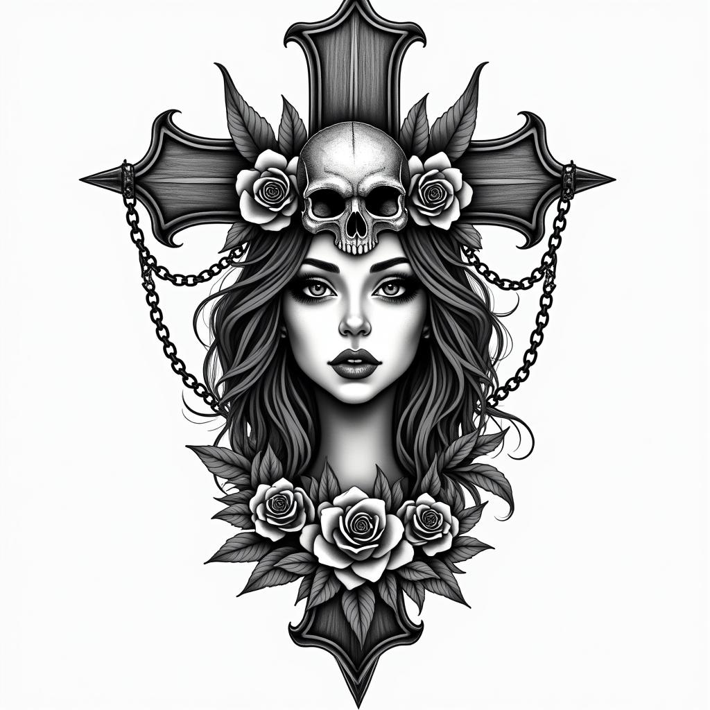 I want tatto with half face girl and wolf and one flower and anger and narcist boy standing therein chicano style tattoo, featuring intricate black and grey shading, bold elements of traditional chicano culture symbols, add a big cross with skull, chains and roses - Variation 3