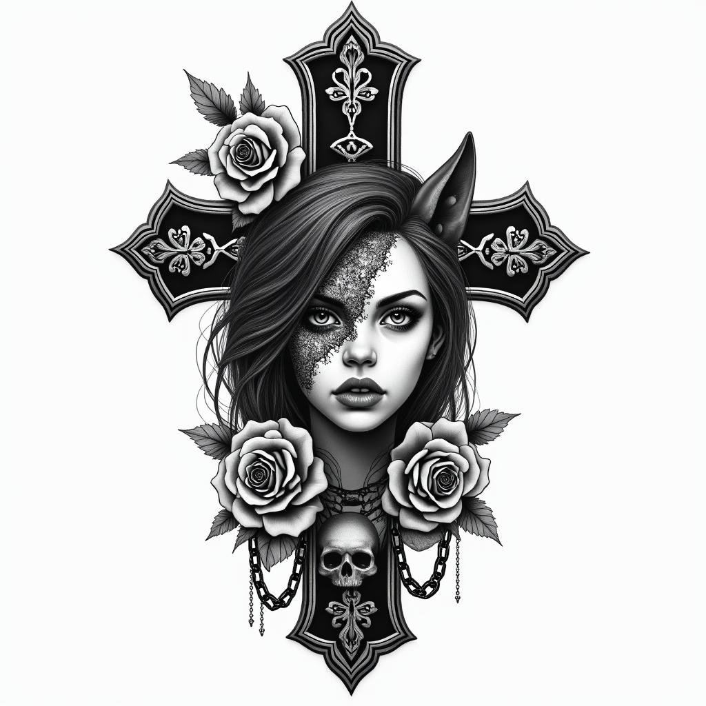 I want tatto with half face girl and wolf and one flower and anger and narcist boy standing therein chicano style tattoo, featuring intricate black and grey shading, bold elements of traditional chicano culture symbols, add a big cross with skull, chains and roses - Variation 2