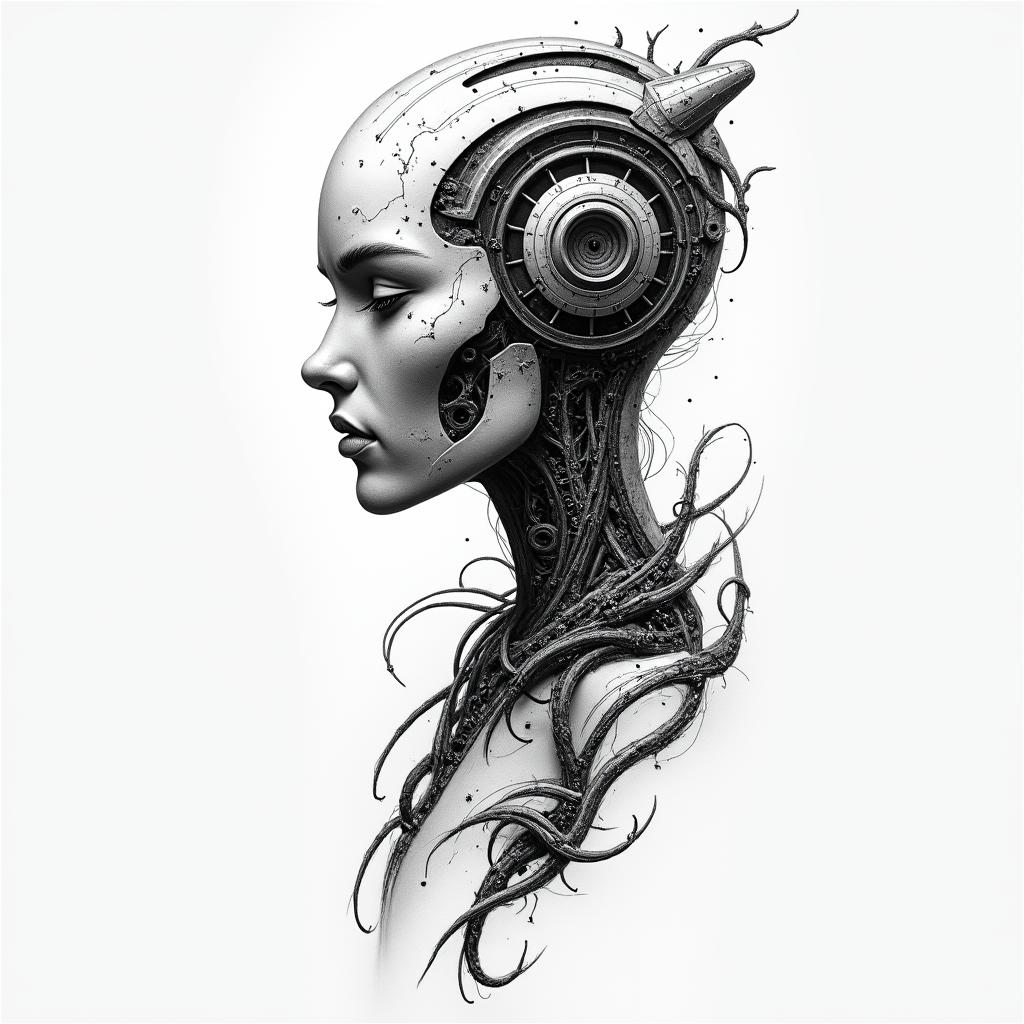 tribaltattoo in biomechanic style, the tattoo covered by robotic elements of futuristic cyberpunk design, robotic features detail, showcasing intricate mechanical components - Variation 1