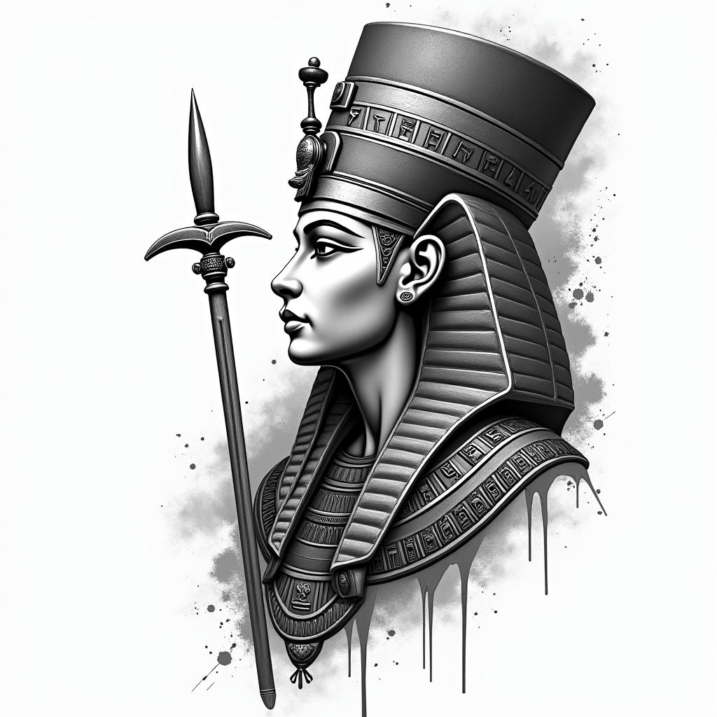 Canyon. Indien. Loupin egyptian style tattoo, bold elements of ancient egyptian culture including a portrait of an Egyptian pharaoh with detailed facial features, in hieroglyphs and symbolic imagery, eye of horus, ankh symbol, scarab beetle - Variation 3