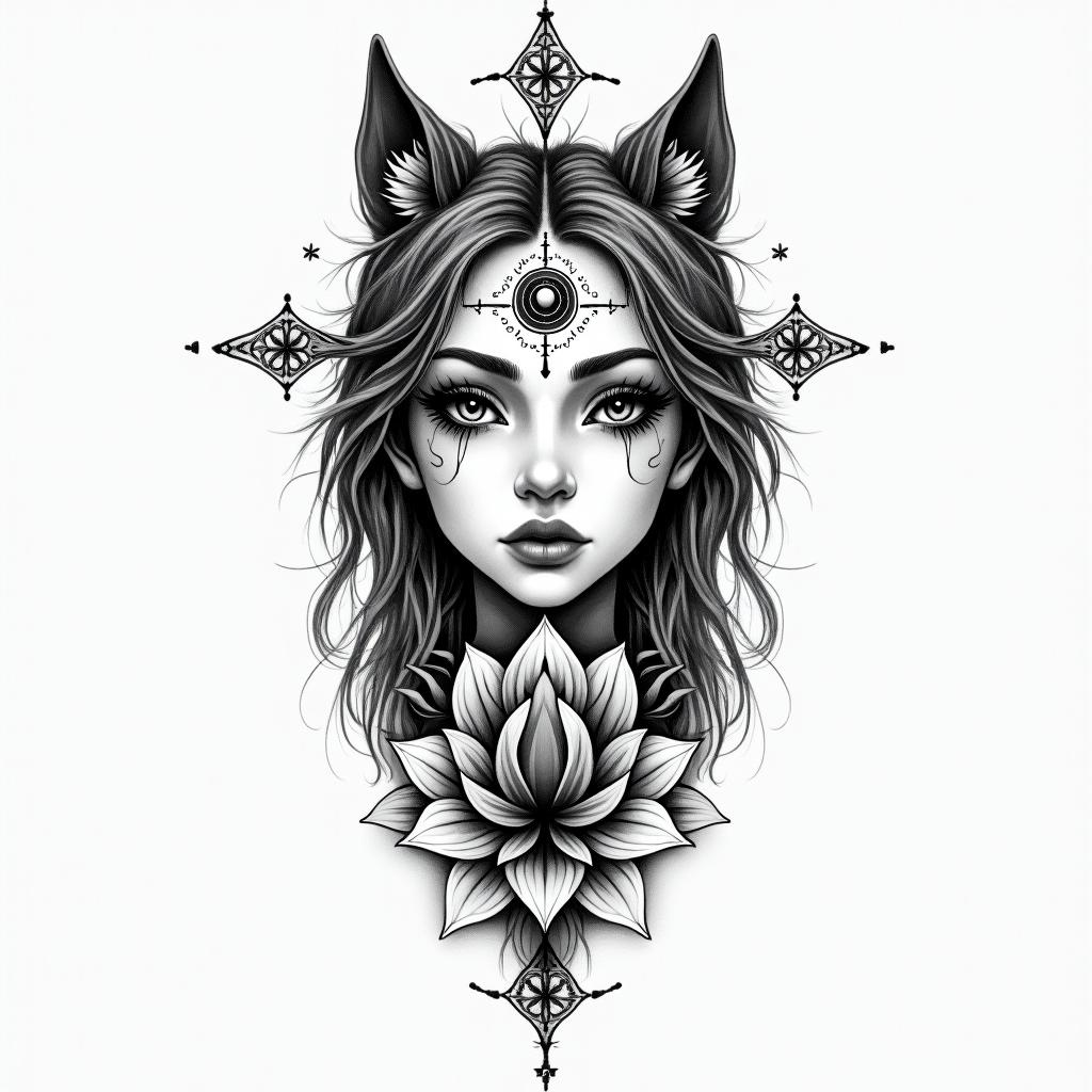 I want tatto with half face girl and wolf and one flower and anger and narcist boy standing therein spiritual symbols tattoo style, featuring an intricate design incorporating elements, Hamsa hand, third eye, minimalist composition - Variation 2