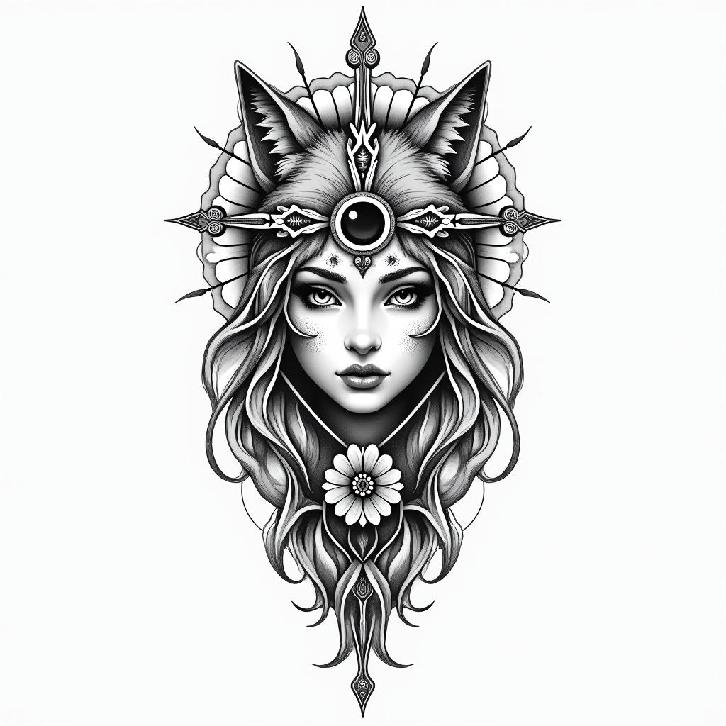 I want tatto with half face girl and wolf and one flower and anger and narcist boy standing therein spiritual symbols tattoo style, featuring an intricate design incorporating elements, Hamsa hand, third eye, minimalist composition - Variation 3
