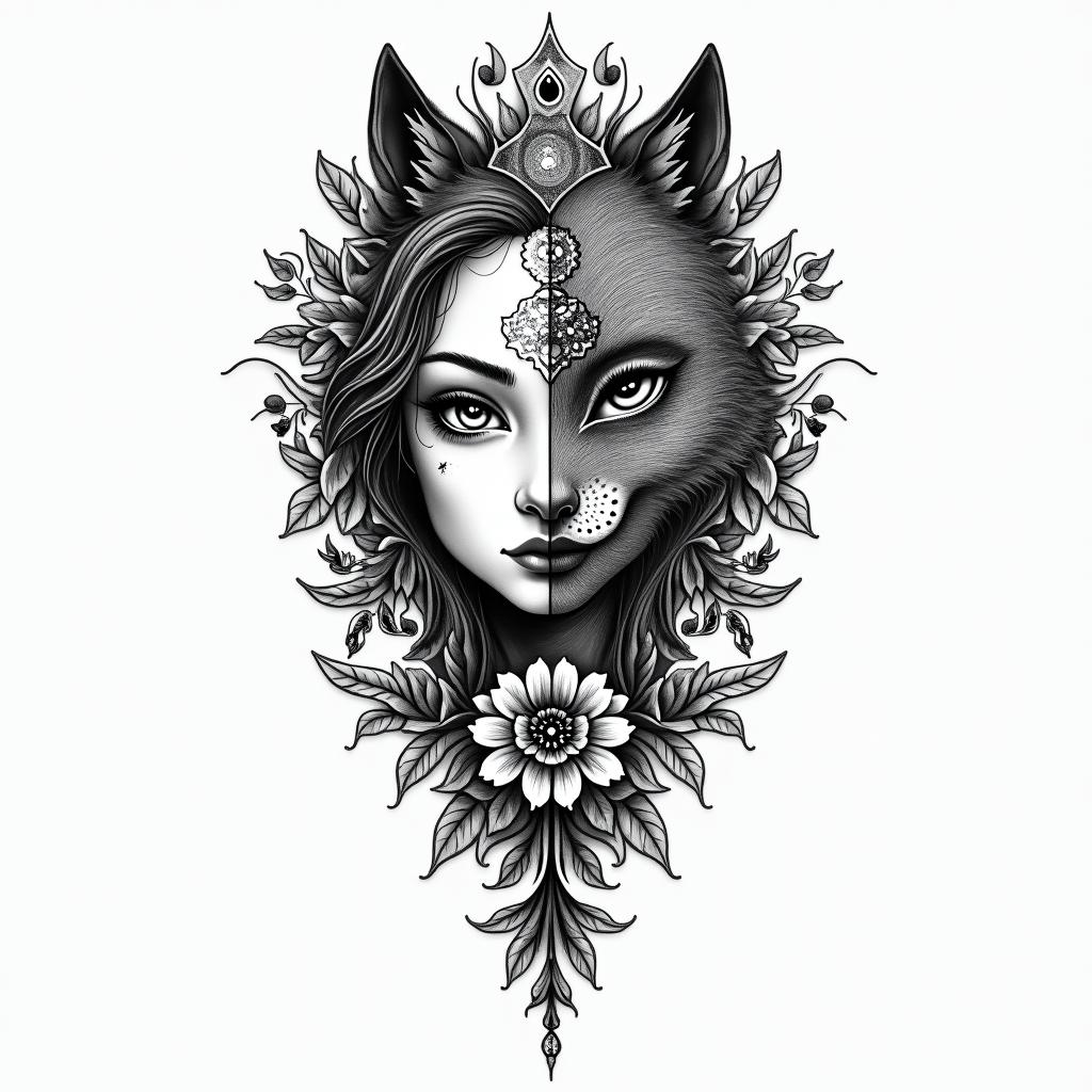 I want tatto with half face girl and wolf and one flower and anger and narcist boy standing therein spiritual symbols tattoo style, featuring an intricate design incorporating elements, Hamsa hand, third eye, minimalist composition - Variation 4