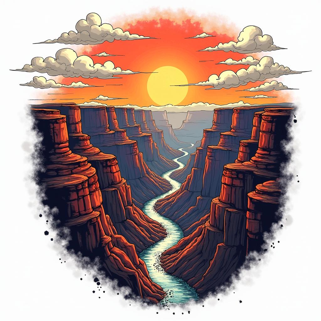 Grand canyonin pop art style tattoo, featuring bold and vibrant colors, exaggerated outlines, iconic imagery, inspired by comic books and speech bubbles, comic book characters, retro pop culture