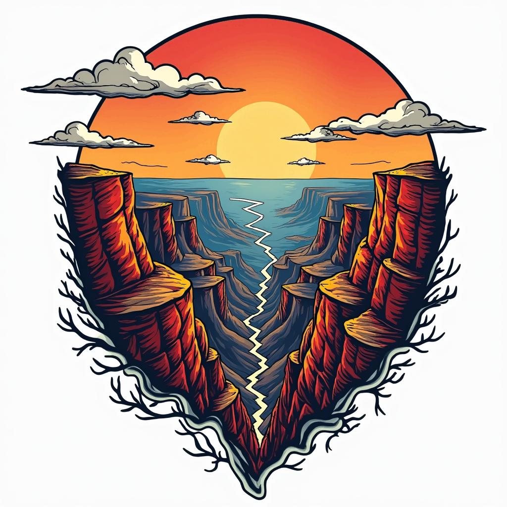 Grand canyonin pop art style tattoo, featuring bold and vibrant colors, exaggerated outlines, iconic imagery, inspired by comic books and speech bubbles, comic book characters, retro pop culture - Variation 4