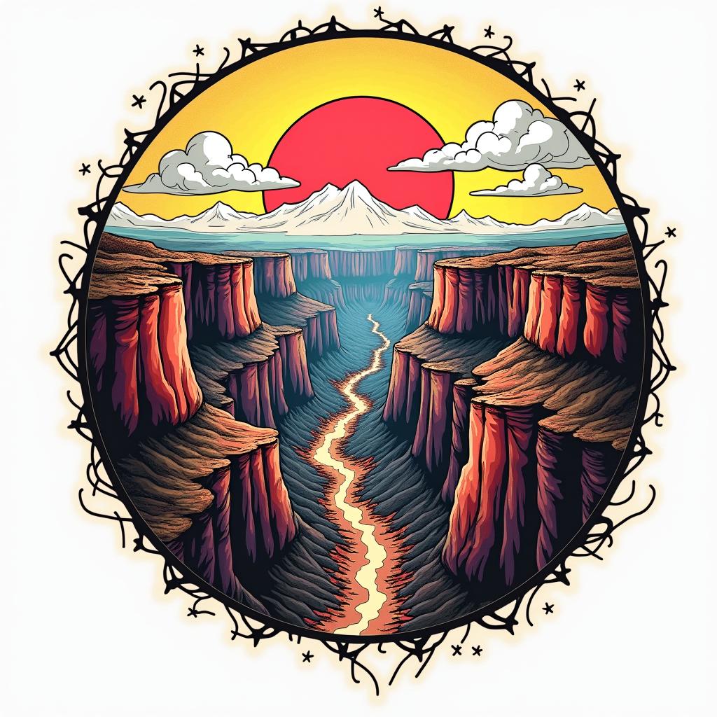 Grand canyonin pop art style tattoo, featuring bold and vibrant colors, exaggerated outlines, iconic imagery, inspired by comic books and speech bubbles, comic book characters, retro pop culture - Variation 2