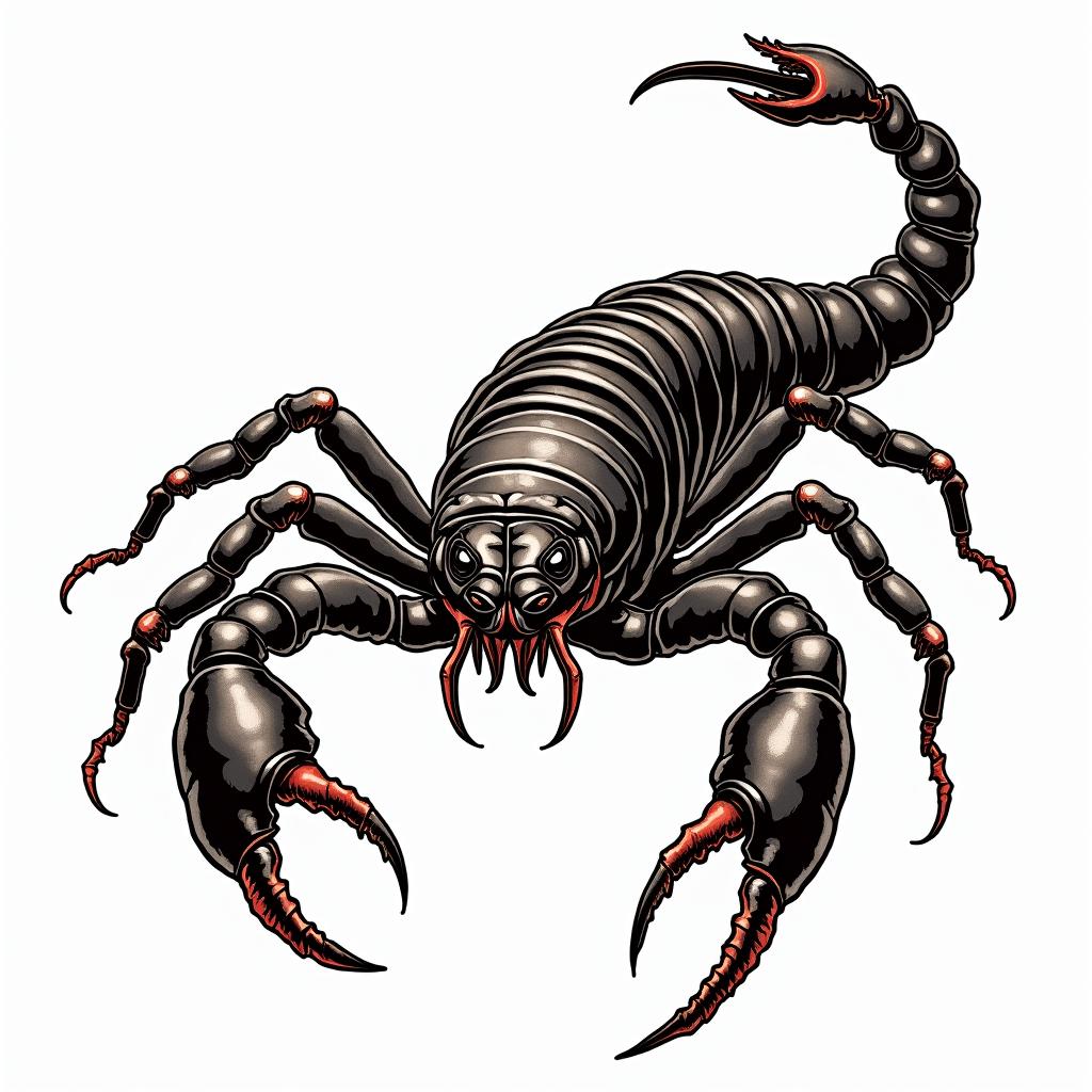 Scorpion with sharp, detailed clawsin pop art style tattoo, featuring bold and vibrant colors, exaggerated outlines, iconic imagery, inspired by comic books and speech bubbles, comic book characters, retro pop culture