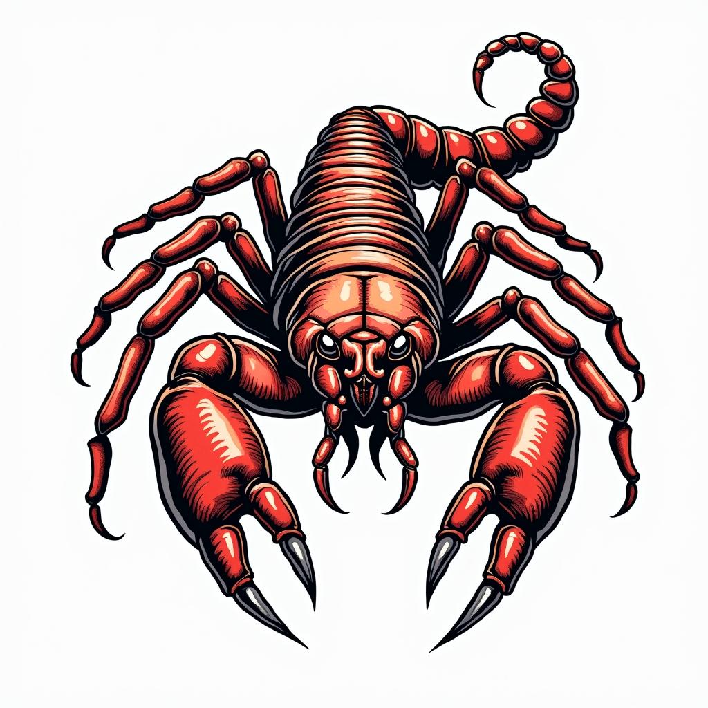 Scorpion with sharp, detailed clawsin pop art style tattoo, featuring bold and vibrant colors, exaggerated outlines, iconic imagery, inspired by comic books and speech bubbles, comic book characters, retro pop culture - Variation 4