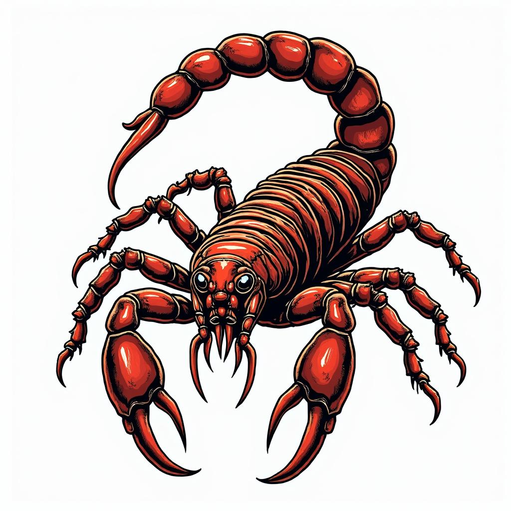 Scorpion with sharp, detailed clawsin pop art style tattoo, featuring bold and vibrant colors, exaggerated outlines, iconic imagery, inspired by comic books and speech bubbles, comic book characters, retro pop culture - Variation 2