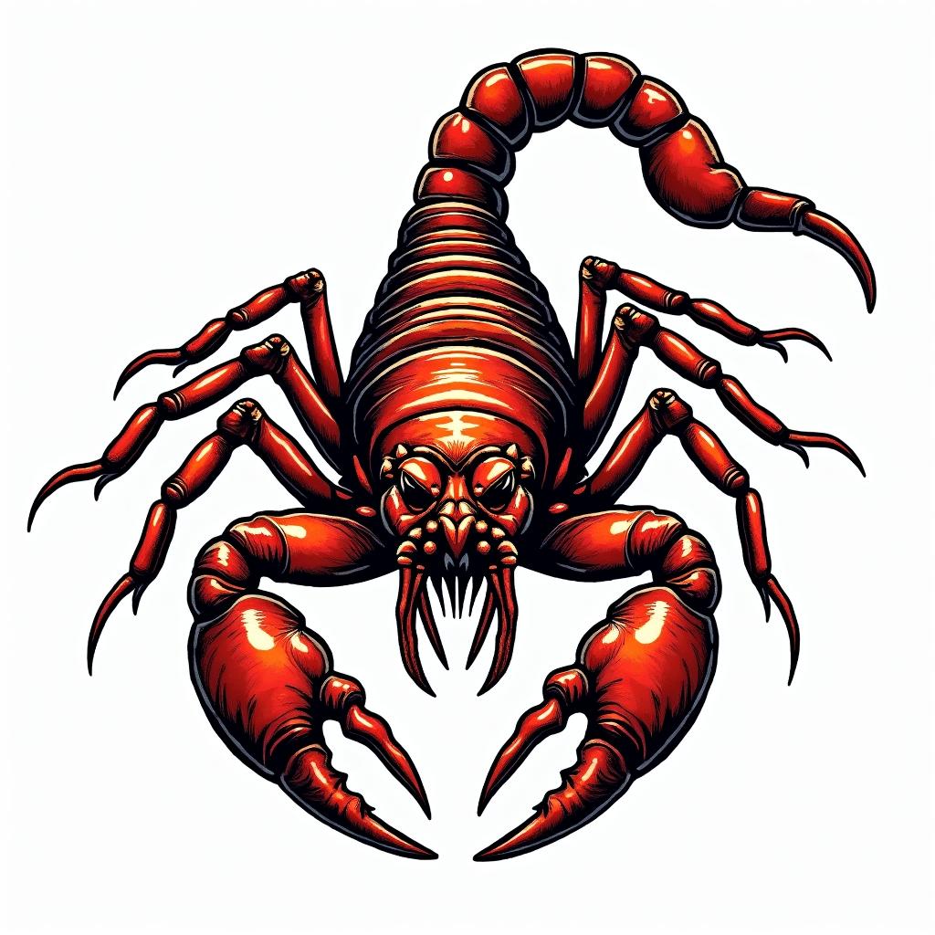 Scorpion with sharp, detailed clawsin pop art style tattoo, featuring bold and vibrant colors, exaggerated outlines, iconic imagery, inspired by comic books and speech bubbles, comic book characters, retro pop culture - Variation 3