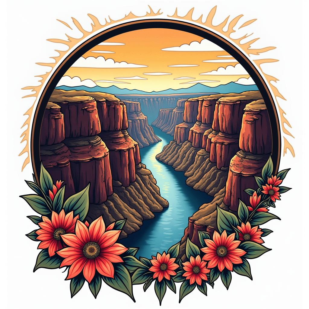 Grand canyon. Loup.in pop art style tattoo, featuring bold and vibrant colors, exaggerated outlines, iconic imagery, inspired by comic books and speech bubbles, comic book characters, retro pop culture
