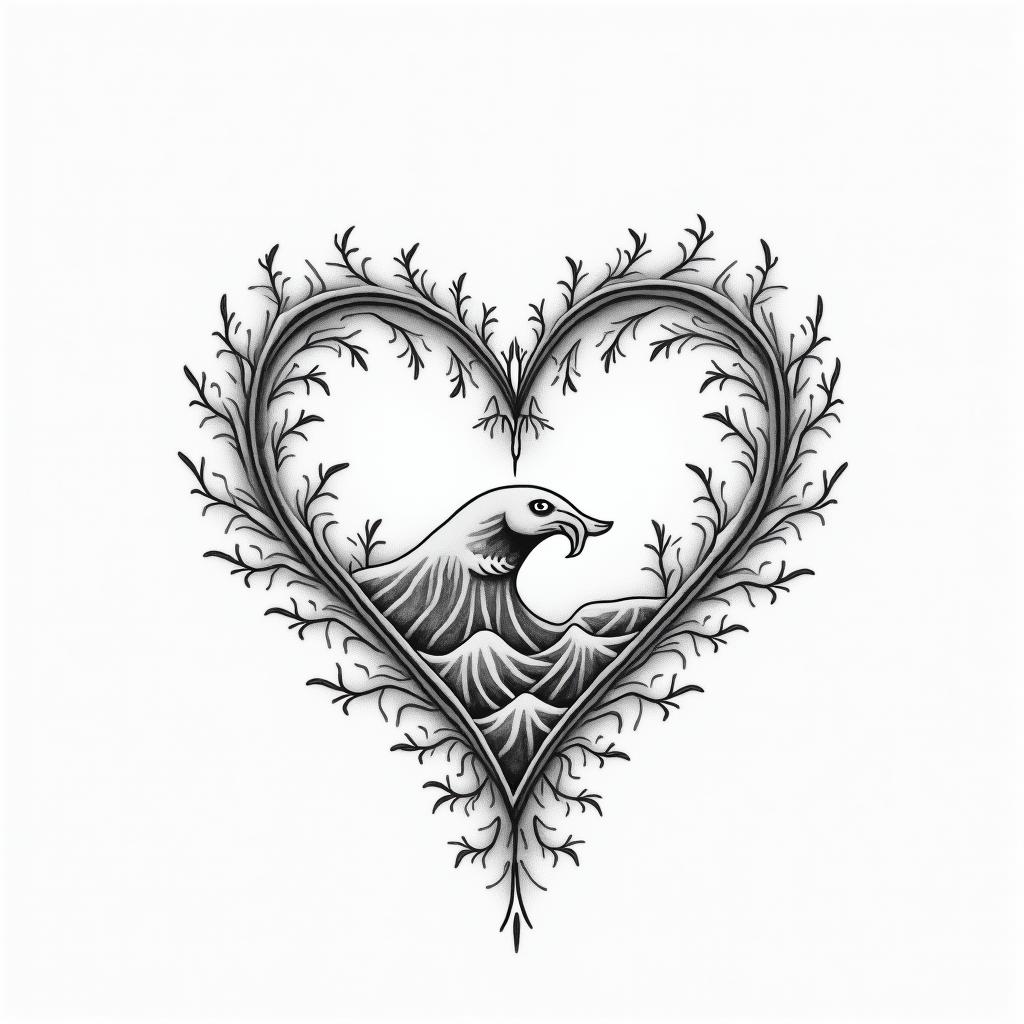 Underboobin Modest style tattoo, featuring soft, delicate line work with simple and meaningful symbols, gentle waves, a heart, evoking a sense of serenity and grace, - Variation 6