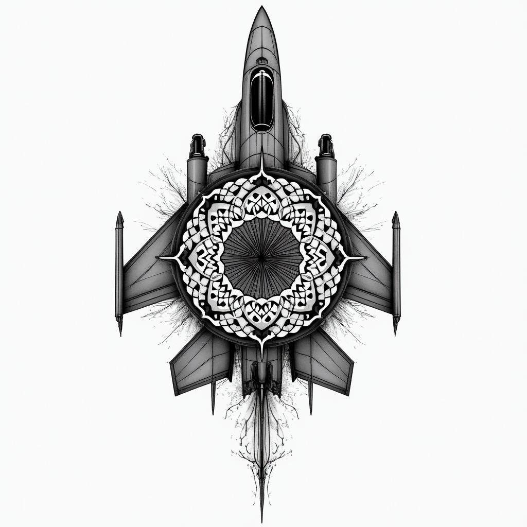 I will soon be trained as a pilot in a fighter jet. Flying is my absolute passion. To celebrate that I have managed to qualify for the profession of a fighter pilot, I want to get my first tattoo. The tattoo should mean that you can achieve anything if you just believe in yourself, no matter how great the challenge seems. The tattoo should be black and white and not too large, as it is the first tattoo. It will go on my right shoulder. in geometric style tattoo, blending hexagons, mandala-inspired patterns, symmetrical and fractal design, clean lines, sharp angles - Variation 3