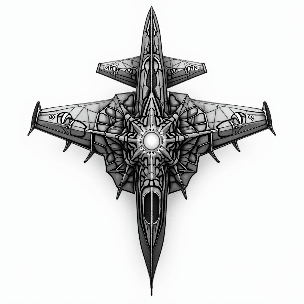 I will soon be trained as a pilot in a fighter jet. Flying is my absolute passion. To celebrate that I have managed to qualify for the profession of a fighter pilot, I want to get my first tattoo. The tattoo should mean that you can achieve anything if you just believe in yourself, no matter how great the challenge seems. The tattoo should be black and white and not too large, as it is the first tattoo. It will go on my right shoulder. in geometric style tattoo, blending hexagons, mandala-inspired patterns, symmetrical and fractal design, clean lines, sharp angles