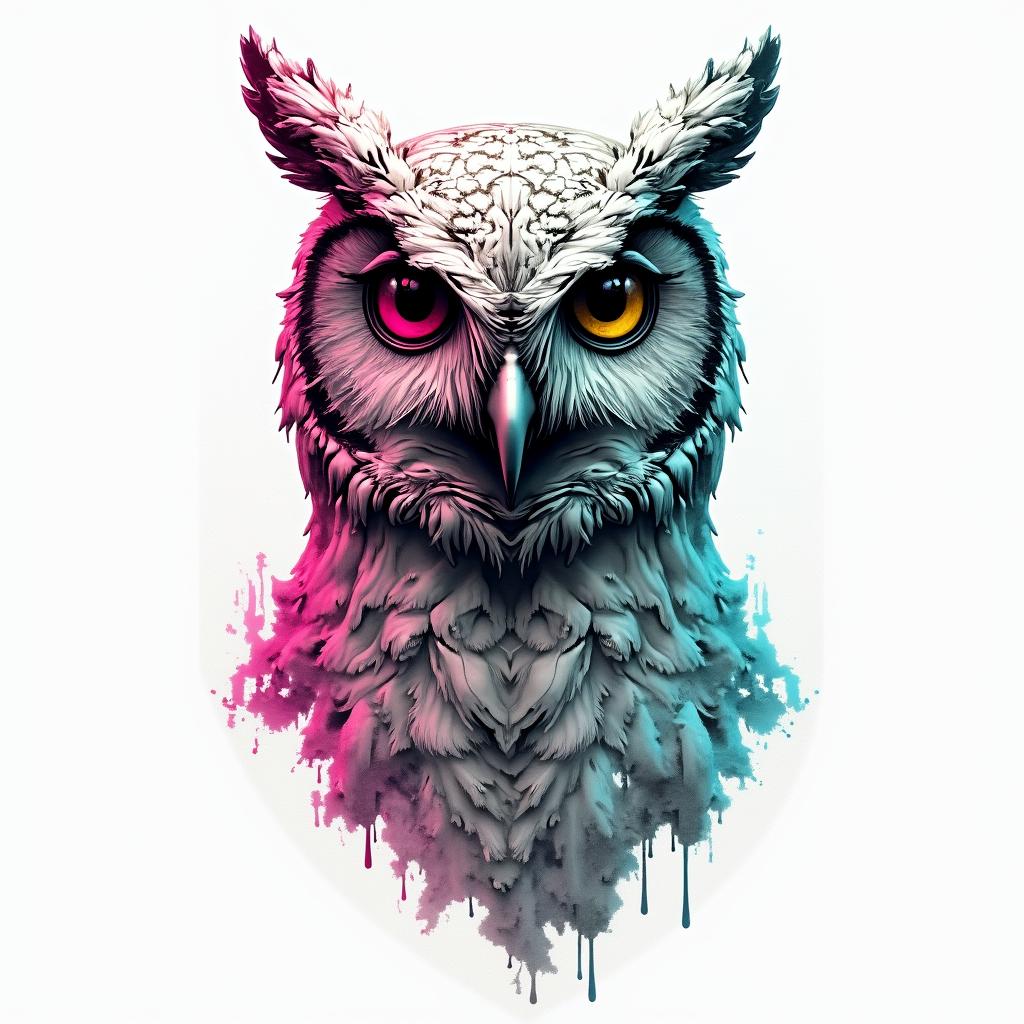 Owl  clocks for eyesin distorted and fragmented tattoo design, featuring a classical statue bust, in a glitch art style with vibrant, overlapping colors of cyan, magenta, and yellow, creating a digital distortion effect