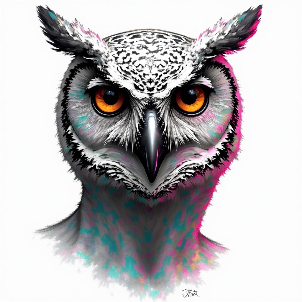 Owl  clocks for eyesin distorted and fragmented tattoo design, featuring a classical statue bust, in a glitch art style with vibrant, overlapping colors of cyan, magenta, and yellow, creating a digital distortion effect - Variation 2