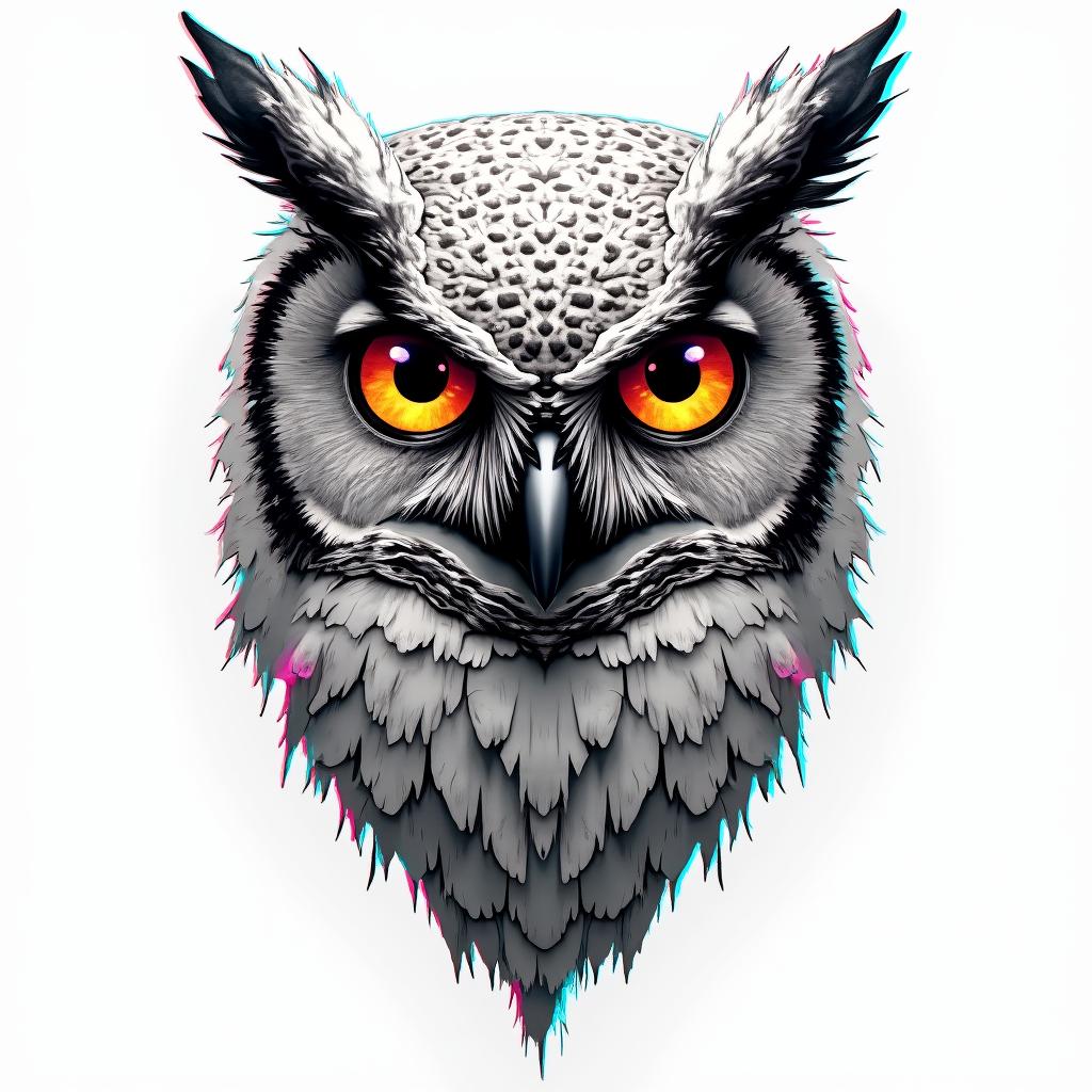 Owl  clocks for eyesin distorted and fragmented tattoo design, featuring a classical statue bust, in a glitch art style with vibrant, overlapping colors of cyan, magenta, and yellow, creating a digital distortion effect - Variation 3