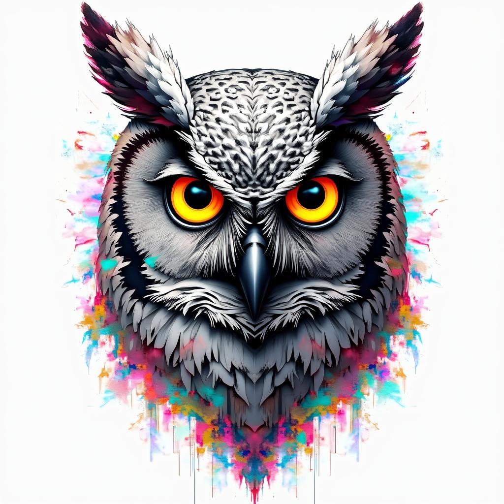 Owl  clocks for eyesin distorted and fragmented tattoo design, featuring a classical statue bust, in a glitch art style with vibrant, overlapping colors of cyan, magenta, and yellow, creating a digital distortion effect - Variation 4