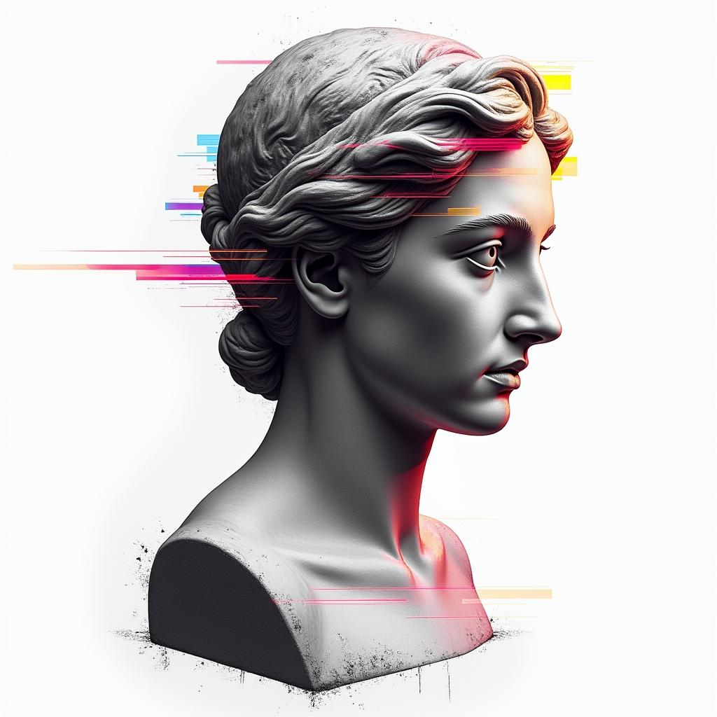 I will soon be trained as a pilot in a fighter jet. Flying is my absolute passion. To celebrate that I have managed to qualify for the profession of fighter pilot, I would like to get my first tattoo. The tattoo should mean that one can achieve anything if they just believe in themselves, no matter how big the challenge seems. The tattoo should be black and white and not too big, as it is my first tattoo. It will go on my right shoulder.in distorted and fragmented tattoo design, featuring a classical statue bust, in a glitch art style with vibrant, overlapping colors of cyan, magenta, and yellow, creating a digital distortion effect - Variation 3