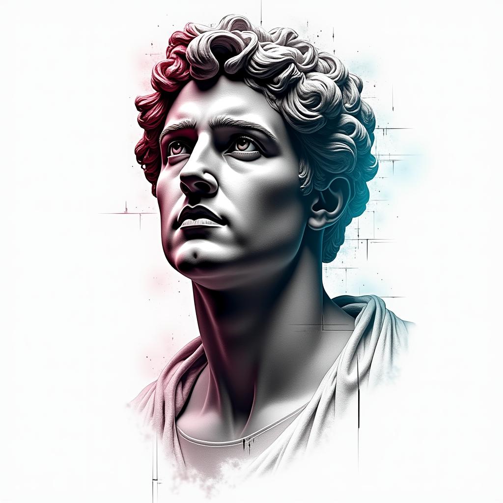 I will soon be trained as a pilot in a fighter jet. Flying is my absolute passion. To celebrate that I have managed to qualify for the profession of fighter pilot, I would like to get my first tattoo. The tattoo should mean that one can achieve anything if they just believe in themselves, no matter how big the challenge seems. The tattoo should be black and white and not too big, as it is my first tattoo. It will go on my right shoulder.in distorted and fragmented tattoo design, featuring a classical statue bust, in a glitch art style with vibrant, overlapping colors of cyan, magenta, and yellow, creating a digital distortion effect - Variation 4