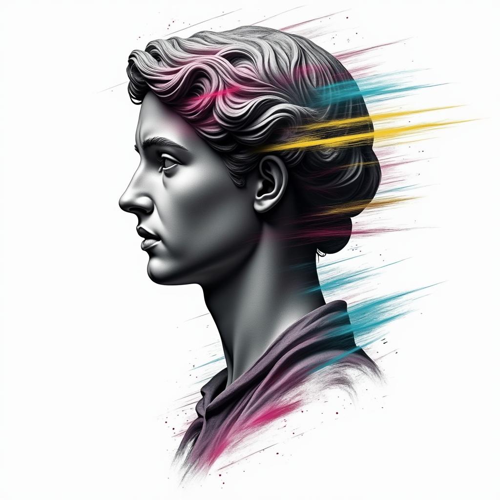 I will soon be trained as a pilot in a fighter jet. Flying is my absolute passion. To celebrate that I have managed to qualify for the profession of fighter pilot, I would like to get my first tattoo. The tattoo should mean that one can achieve anything if they just believe in themselves, no matter how big the challenge seems. The tattoo should be black and white and not too big, as it is my first tattoo. It will go on my right shoulder.in distorted and fragmented tattoo design, featuring a classical statue bust, in a glitch art style with vibrant, overlapping colors of cyan, magenta, and yellow, creating a digital distortion effect - Variation 2