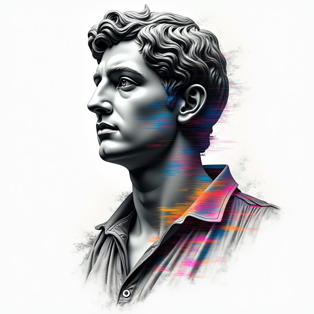 I will soon be trained as a pilot in a fighter jet. Flying is my absolute passion. To celebrate that I have managed to qualify for the profession of fighter pilot, I would like to get my first tattoo. The tattoo should mean that one can achieve anything if they just believe in themselves, no matter how big the challenge seems. The tattoo should be black and white and not too big, as it is my first tattoo. It will go on my right shoulder.in distorted and fragmented tattoo design, featuring a classical statue bust, in a glitch art style with vibrant, overlapping colors of cyan, magenta, and yellow, creating a digital distortion effect