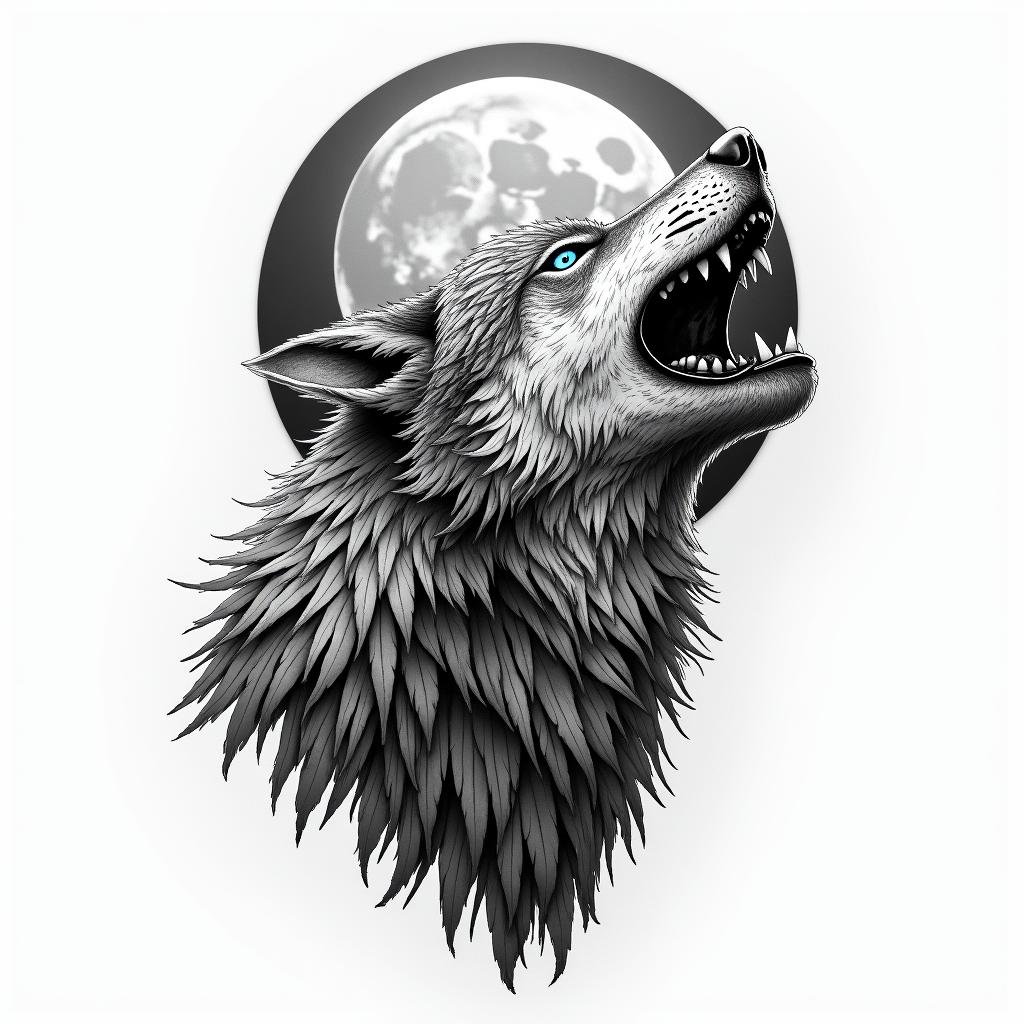 Howling wolf under a full moontattoo in biomechanic style, the tattoo covered by robotic elements of futuristic cyberpunk design, robotic features detail, showcasing intricate mechanical components - Variation 3