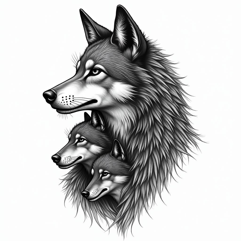 She-wolf with two wolf cubs.in egyptian style tattoo, bold elements of ancient egyptian culture including a portrait of an Egyptian pharaoh with detailed facial features, in hieroglyphs and symbolic imagery, eye of horus, ankh symbol, scarab beetle - Variation 2