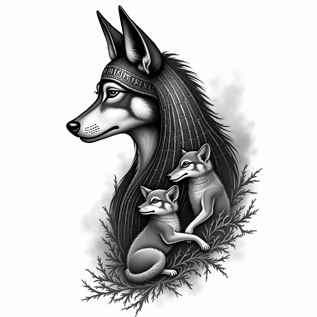 She-wolf with two wolf cubs.in egyptian style tattoo, bold elements of ancient egyptian culture including a portrait of an Egyptian pharaoh with detailed facial features, in hieroglyphs and symbolic imagery, eye of horus, ankh symbol, scarab beetle - Variation 3