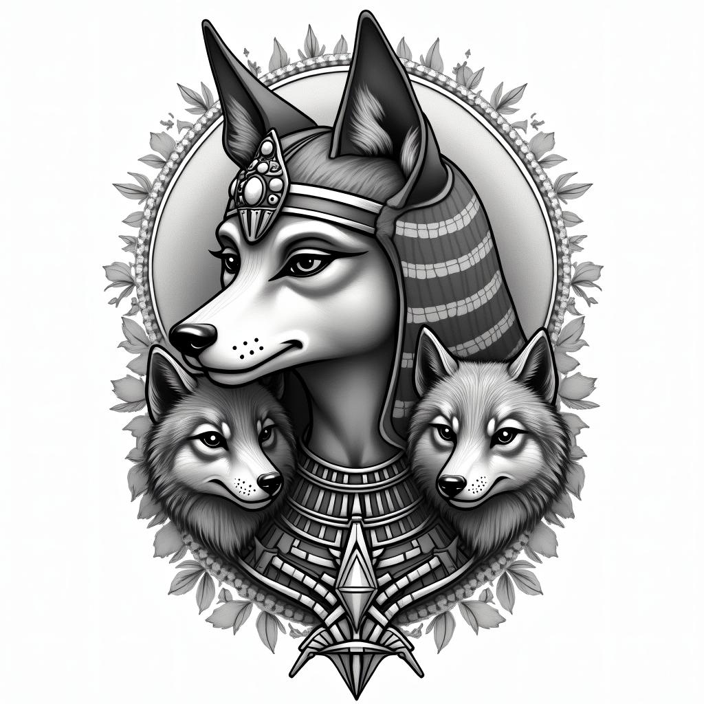 She-wolf with two wolf cubs.in egyptian style tattoo, bold elements of ancient egyptian culture including a portrait of an Egyptian pharaoh with detailed facial features, in hieroglyphs and symbolic imagery, eye of horus, ankh symbol, scarab beetle - Variation 4