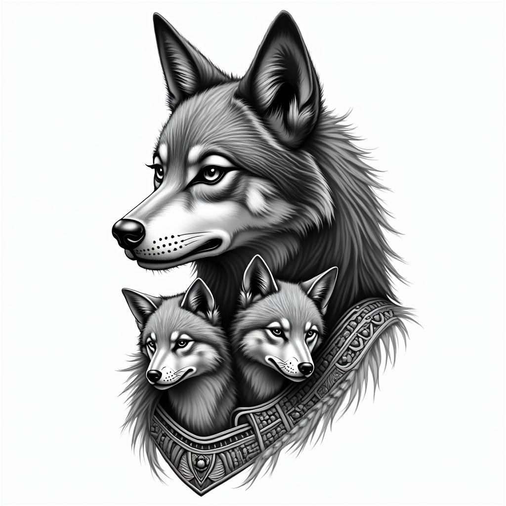 She-wolf with two wolf cubs.in egyptian style tattoo, bold elements of ancient egyptian culture including a portrait of an Egyptian pharaoh with detailed facial features, in hieroglyphs and symbolic imagery, eye of horus, ankh symbol, scarab beetle