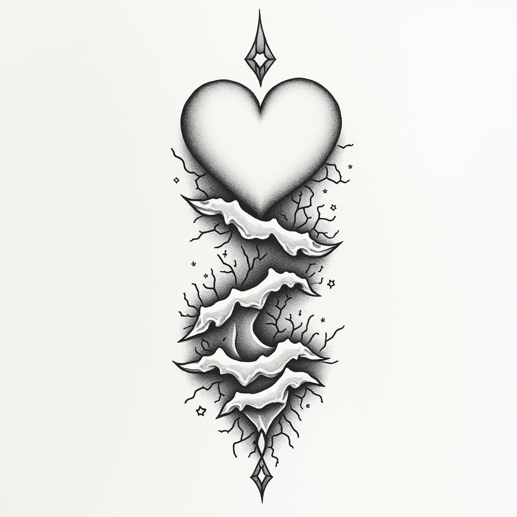 Underboobin Modest style tattoo, featuring soft, delicate line work with simple and meaningful symbols, gentle waves, a heart, evoking a sense of serenity and grace, - Variation 2