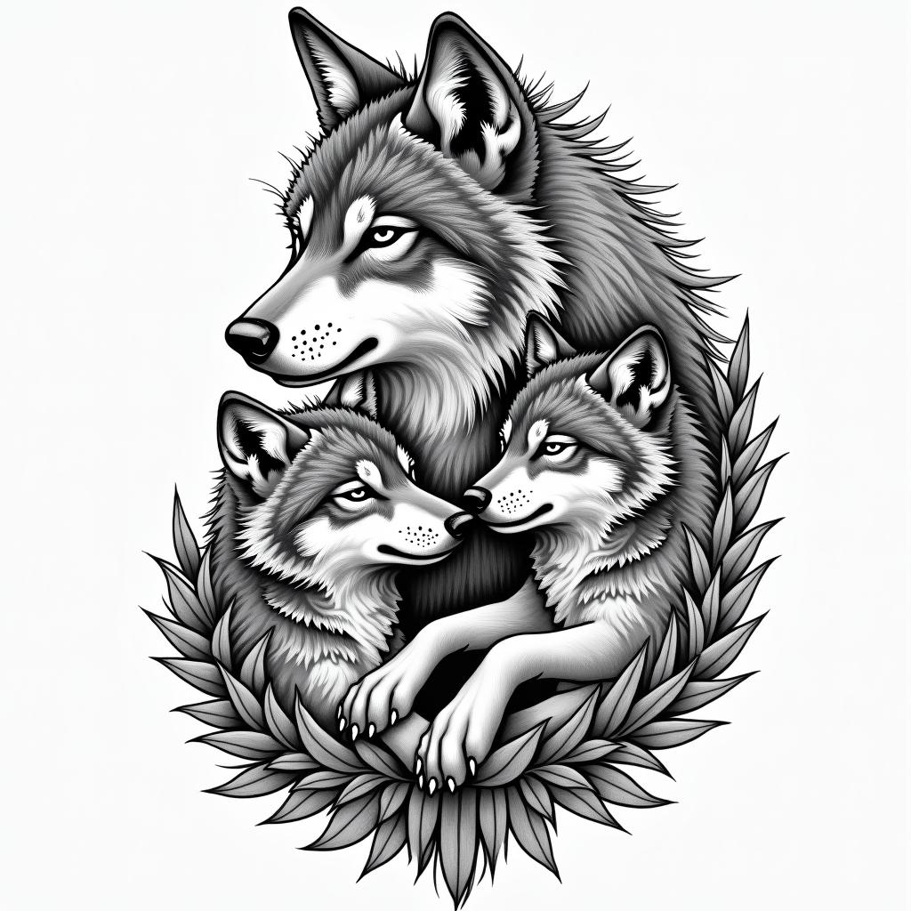 She-wolf with two wolf cubs.in authentic tattoo style, incorporating traditional modifications, bold black outlines, solid color fills, featuring classic authentic elements - Variation 4