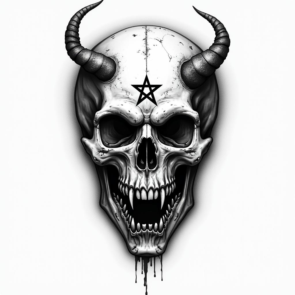Planet earthcreepy horror tattoo style, featuring an eerie and unsettling skull of a demonic creature, distorted face with sharp fangs, add pentagram symbol - Variation 2