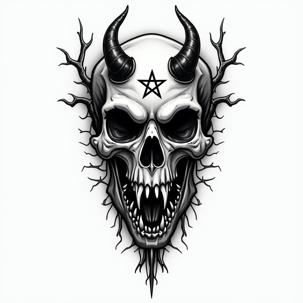 Planet earthcreepy horror tattoo style, featuring an eerie and unsettling skull of a demonic creature, distorted face with sharp fangs, add pentagram symbol