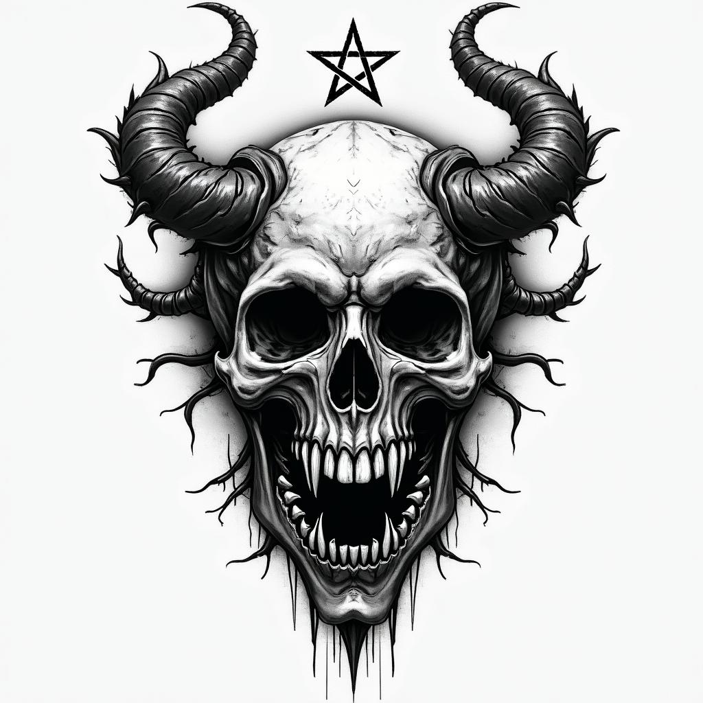 Planet earthcreepy horror tattoo style, featuring an eerie and unsettling skull of a demonic creature, distorted face with sharp fangs, add pentagram symbol - Variation 4
